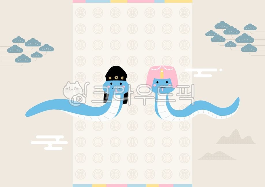 vector,illustration,background,holiday,tradition,Korea,culture,new year,seol,seolnal,2025,eulsa year,animal,snake,year of the snake,hanbok,hat,jobawi,doreungmo,bokgeon,traditional pattern,saekdong,blue,sky blue,cute,pine tree,pat