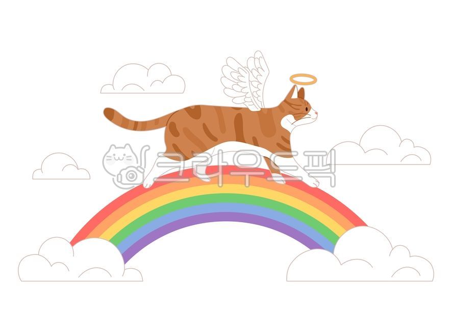 death,concept,rainbow bridge,angel,crossing,heaven,cloud,running,rainbow,Pets,afterlife,left,walking,cat,illustration,vector,wing,pet,farewell