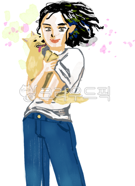 유기견,진도개,여성,일러스트,심리,인물,기분좋은,기대,봄바람,사랑,유대,동물,개,강아지,반려견,구조