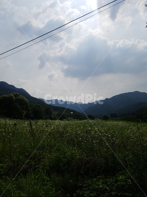 구름,산,들판,햇살,평온함