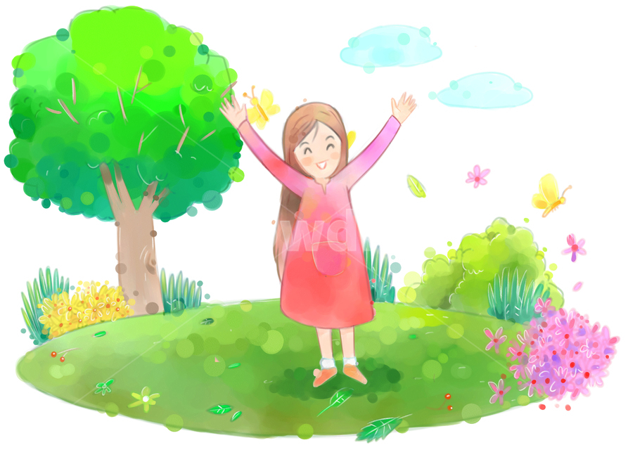 leaf of grass,spring semester,Brightness,lightness,spring breeze,oil paint,stretching,situation picture,smile,spring,cloud,pastel,character,leaves,sight,drawing,season,hurray,female,conversation,laugh,spring outing,warmth,hand drawing,pleasure,tree,breeze