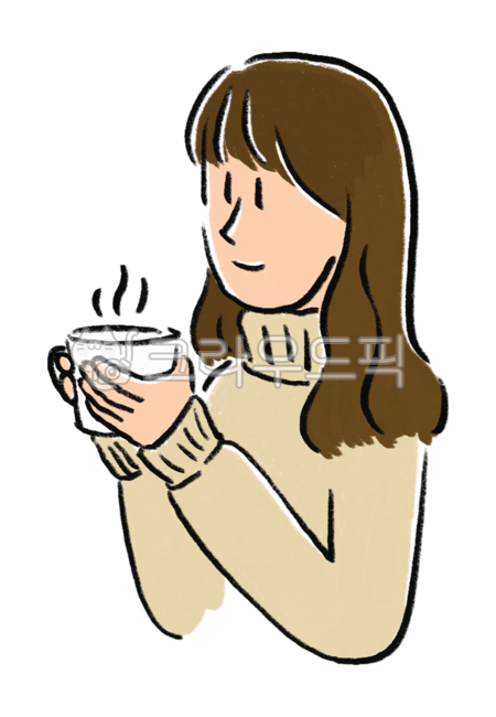 커피마시는여자,일러스트,커피,여자,손그림,미소,상반신,따아,따뜻한차