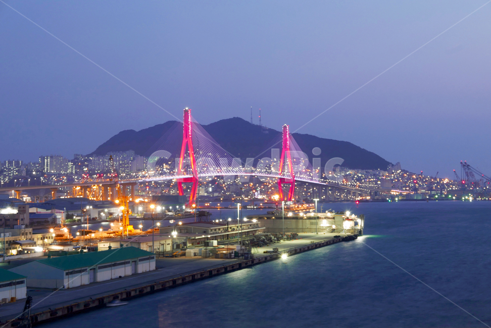 부산항대교,북항대교,사장교,야경,바다야경,부산야경,야간,노을,저녘,해안,바닷가,바다,밤바다,항만,관문,도로,대교,교량,교각,가로등,케이블,탑,시설물,구조물,부두,항구,수송,밤하늘,예쁜,황홀한,아름다운,매력적인,매혹적인,칼라,그라데이션,조명,빛,랜드마크,영도,섬,부산항,부산,매직아워