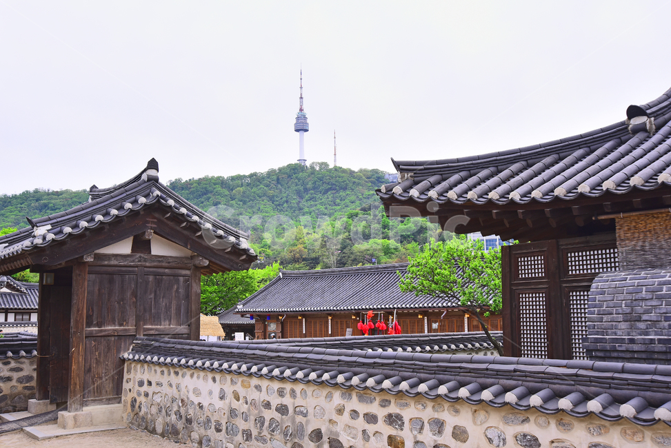 Namsan,In May,folk village,april,house,Town,tile roof,Namsan Tower,season,tiled house,village,traditionalhouse,stone wall road,traditional village,traditionalpattern,House,traditional pattern,seoul,background,Korean tradition