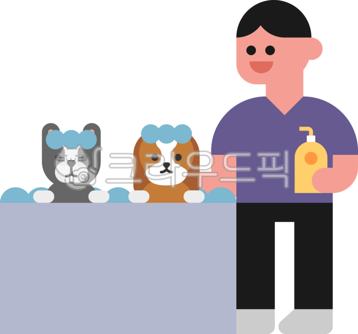 귀여운,단순한,일러스트레이션,심플,사람,캐릭터,동물병원,강아지,개,동물,수의사,목욕,씻다