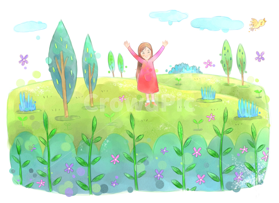 leaf of grass,spring semester,Brightness,lightness,spring breeze,oil paint,stretching,situation picture,smile,spring,cloud,pastel,character,leaves,bird,sight,drawing,season,hurray,female,conversation,laugh,spring outing,warmth,hand drawing,pleasure,tree,b