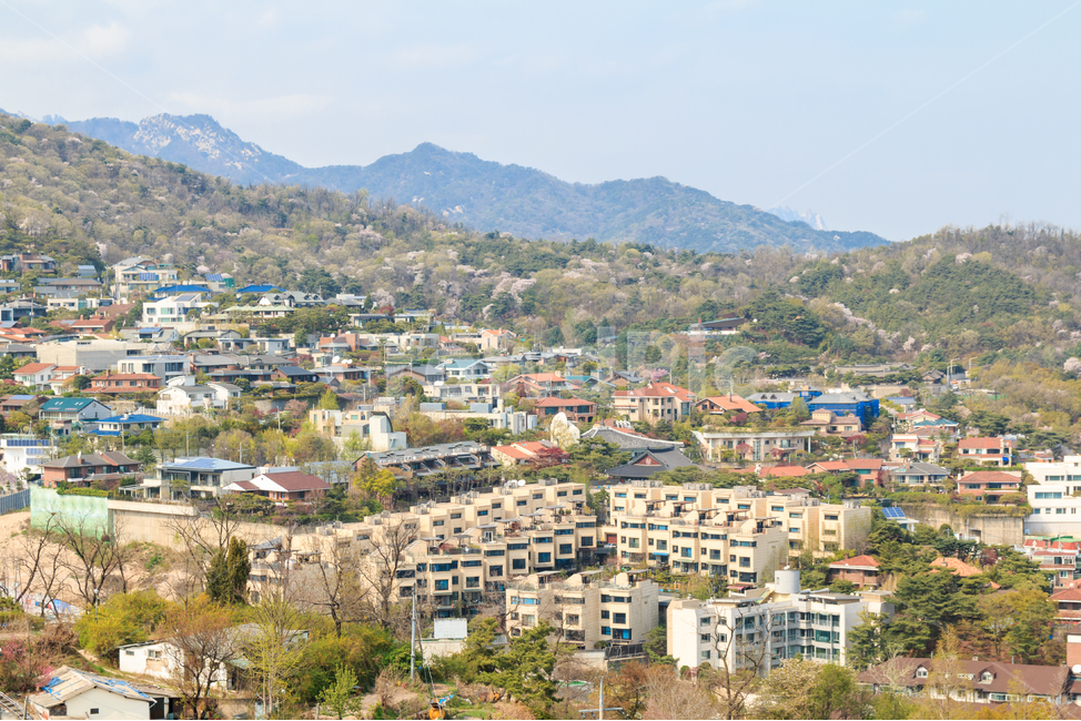 서울,와룡공원,풍경,전경,도시,산,자연,숲,녹지,경치,경관,명륜동,성북동,주거,주택,건물,주거지,달동네,산동네,언덕,봄,봄풍경,한양도성,백악구간,아름다운,서울성곽,산비탈,조망,북악산,북한산