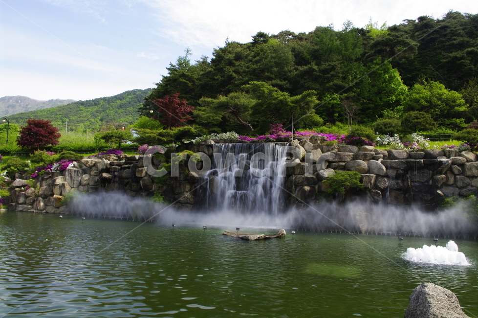 폭포,화단,하늘,구름,바위,꽃,flower,식물,plant,계절,봄,spring,자연,풍경,nature,landscape,water,물,outdoors,옥외,river,강