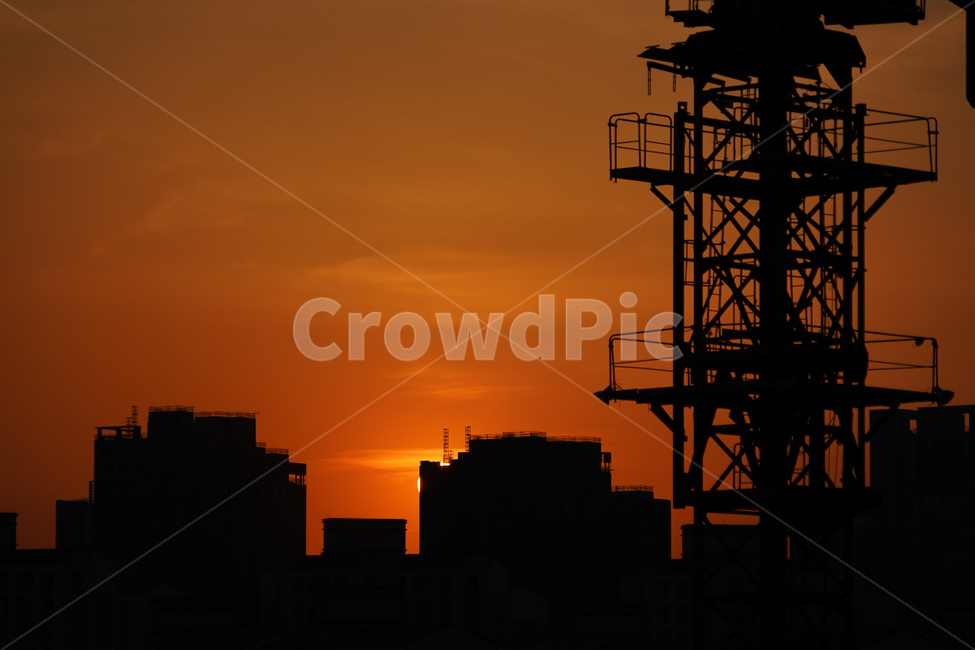 silhouette,실루엣,노을,sunset,건설,건설현장,크레인,빌딩,building,construction,crane,건축,건물,기중기