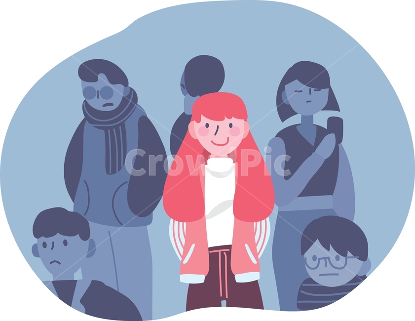 우울함,우울증,군중,홀로,밝은,여자,젊은,찡그린,표정,웃음,무리,스마일,외로운,슬픈,즐거운,삽화,상황,감정,현대,사회,일러스트,벡터,그래픽,일러스트레이션,graphic,illustration