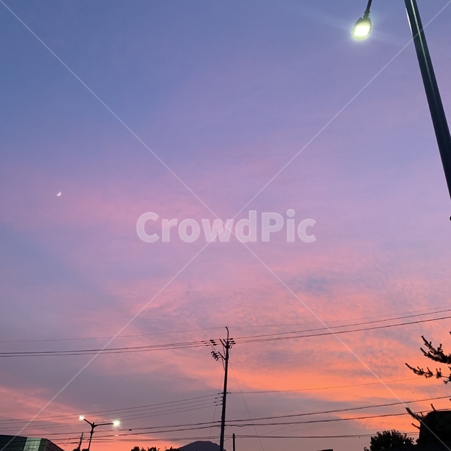 노을,하늘,신비로운,가로등,달