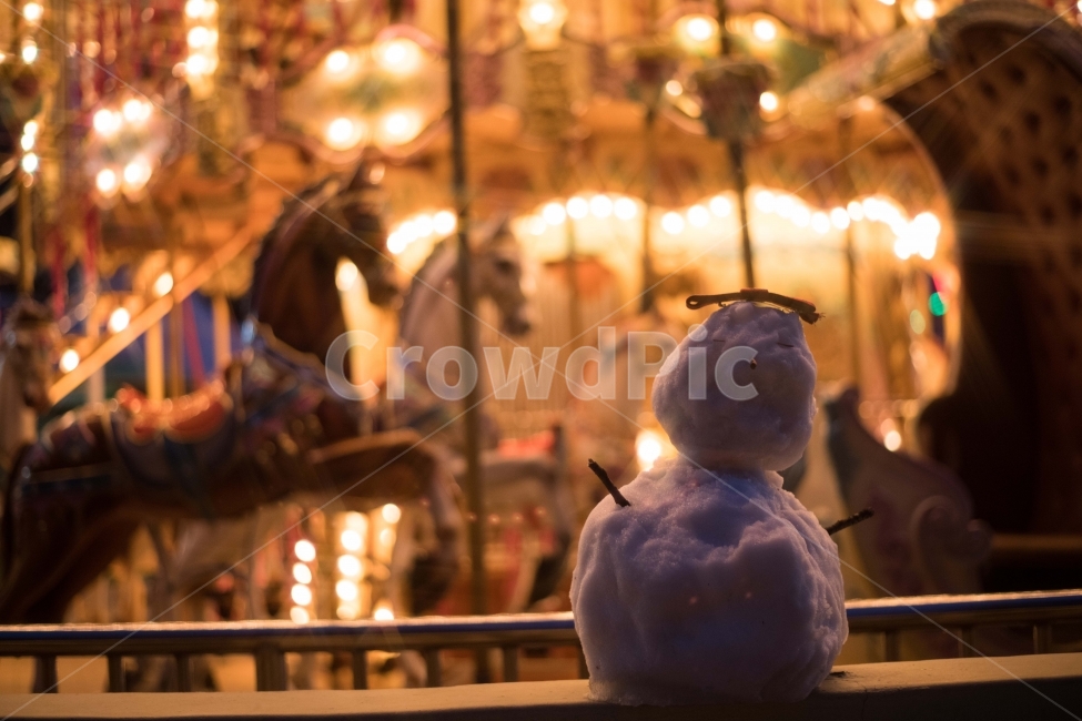 Amusement park,night view,snow man,winter,Merrygoround