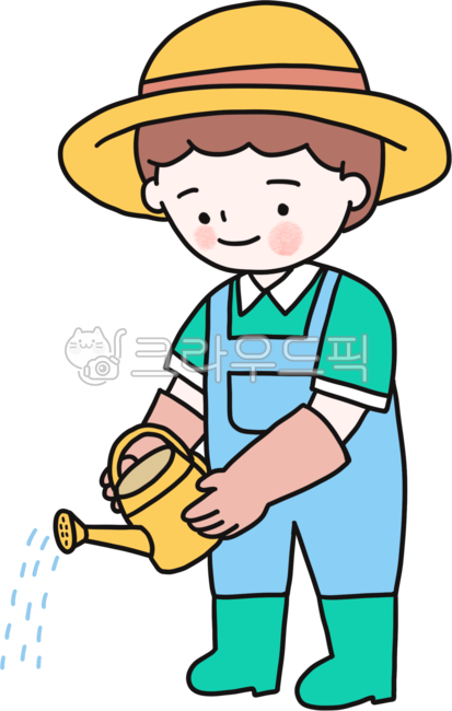 Yellow hat,Arbor Day,tree planting,watering person,Arbor Day illustration,farmer,farmer illustration,boots,overalls,rural area,vegetable garden,Earth Day,April 5,water,rubber gloves,man,people illustration,boy,garden,gardening