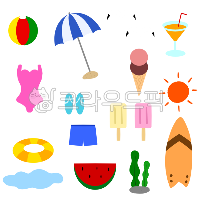 여름일러스트,일러스트,여름,여름그림,휴가,피서,png,여름png,스티커,비치볼,아이스크림,갈매기,쥬스,튜브,수영복,쪼리,서핑보드,파라솔,수박,해,구름