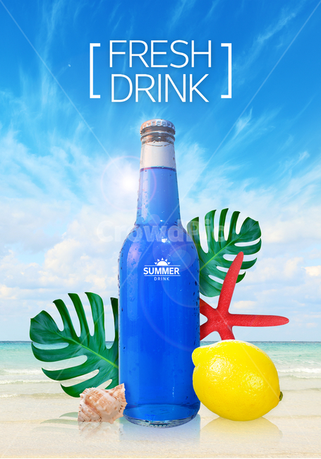 해변,바다,바닷가,모래사장,하늘,구름,음료,병,불가사리,소라,조개,레몬,몬스테라,나뭇잎,여름,팝업,이벤트,쇼핑,여름,계절,summer,season,음료수,drink,beverage,그래픽,일러스트레이션,graphic,illustration
