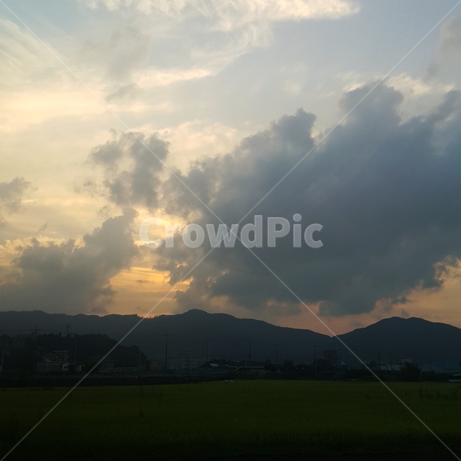 풍경,하늘,구름,노을,시골,산,논,밭,논밭,저녁
