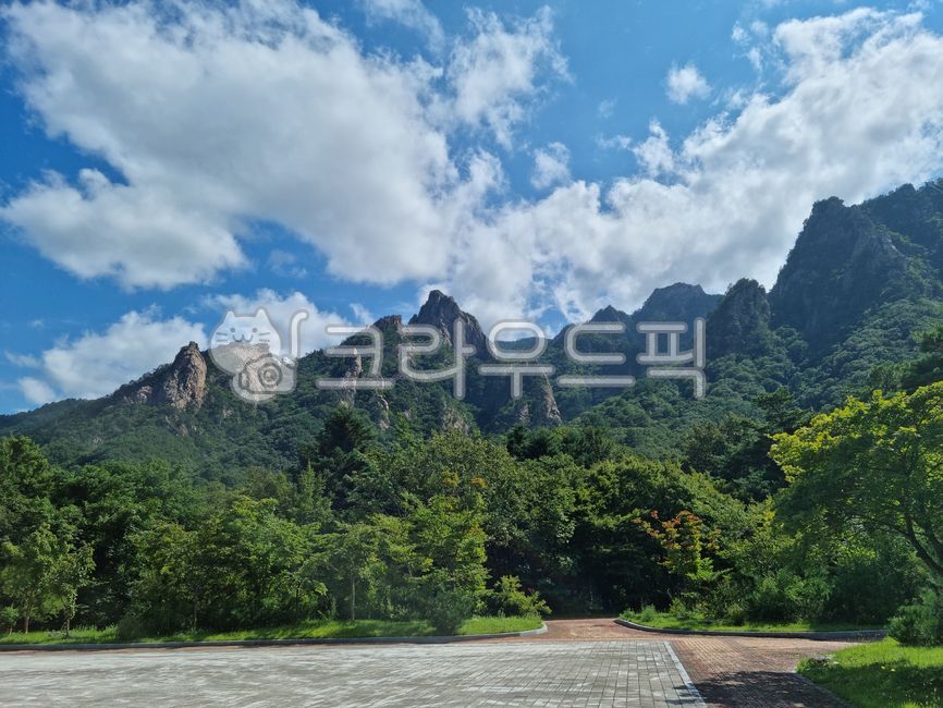 설악산,설악산국립공원,한국,강원도,하늘,낮,구름,뭉게구름,산,산꼭대기,산정상,나무,숲,정원,공원,조경,보도블럭,국립공원,산책로,길,바위산,암벽