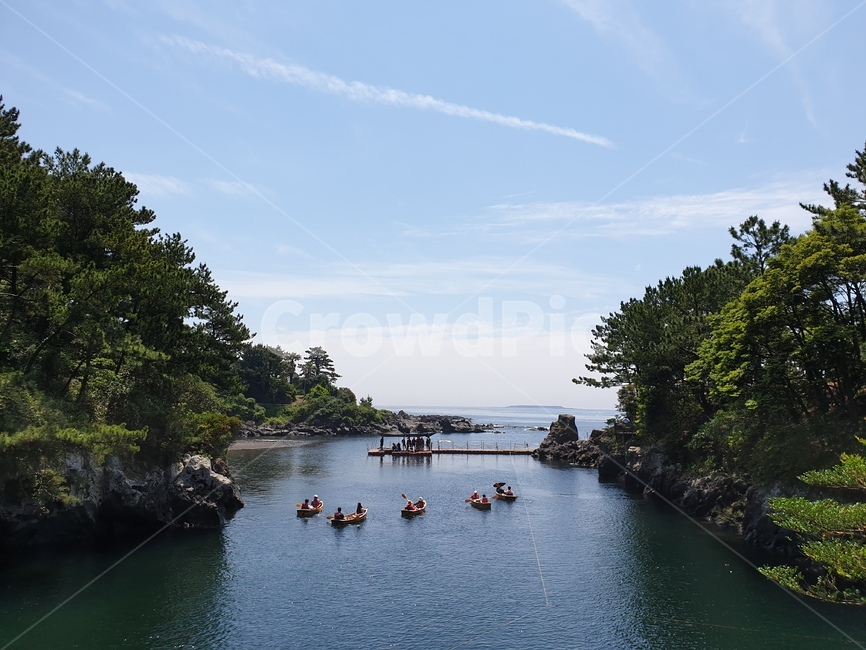 제주도,쇠소깍,카약,자연,비행기구름,평화로움,풍경,사람