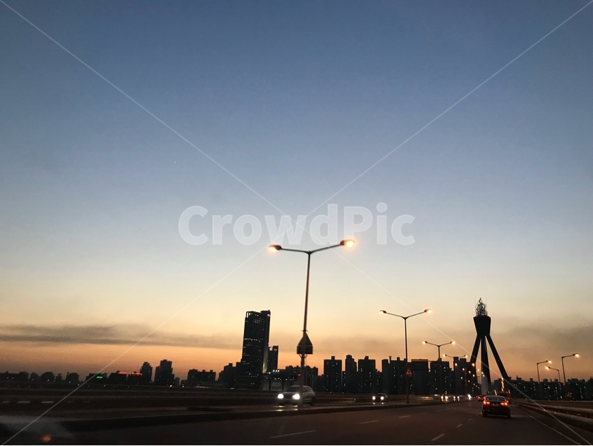 올림픽대교,퇴근길,일몰,다리,bridge,가로등