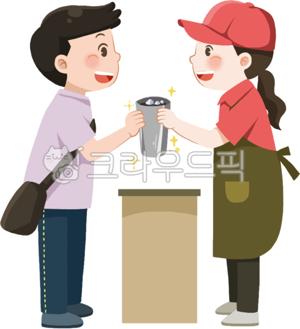바리스타,아르바이트,에코프렌들리,텀블러,친환경,아르바이트생,친절,그림,삽화,인물,깔끔한,귀여운,일러스트,사람,손님,카페,커피,차,음료,에코,앞치마,건네다,파트타임