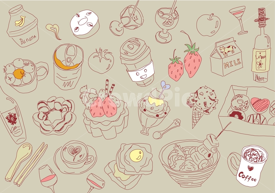 음식,라인일러스트,food,커피,딸기,아이스크림,우유,맥주,캔맥주,와인,와인잔,사과,토마토,도넛,도넛츠,수저,숟가락,젓가락,어묵,오뎅,방울토마토,팥빙수,토스트,계란후라이,다양한,디저트,간식,후식,dessert,snack,커피,카페,coffee,cafe,그래픽,일러스트레이션,graphic,illustration
