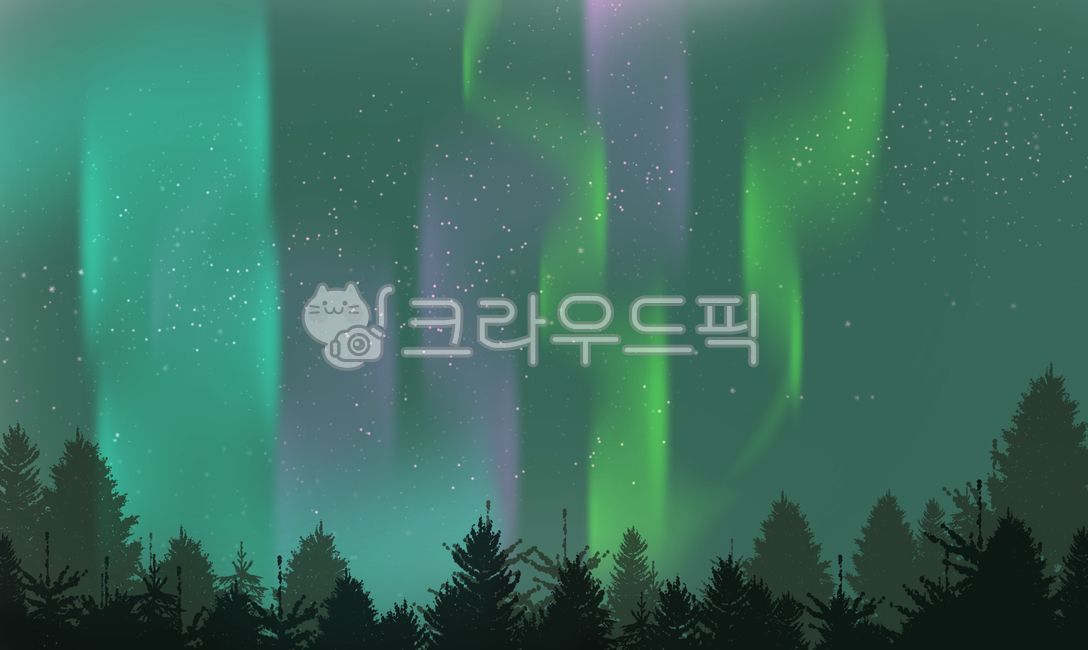 일러스트,그림,오로라,풍경,하늘,별,숲,나무,저녁,배경,nature,자연,outdoors,옥외,night,밤,초록,그린