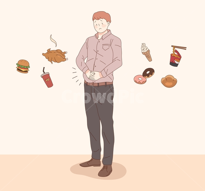 복부비만,비만,다이어트,성인병,패스트푸드,컵라면,아이스크림,도넛,슈크림빵,치킨,햄버거,콜라,회사원,남자,정장,뱃살,배,울상,표정,일러스트,문제,상황,성인,병,그래픽,일러스트레이션,graphic,illustration