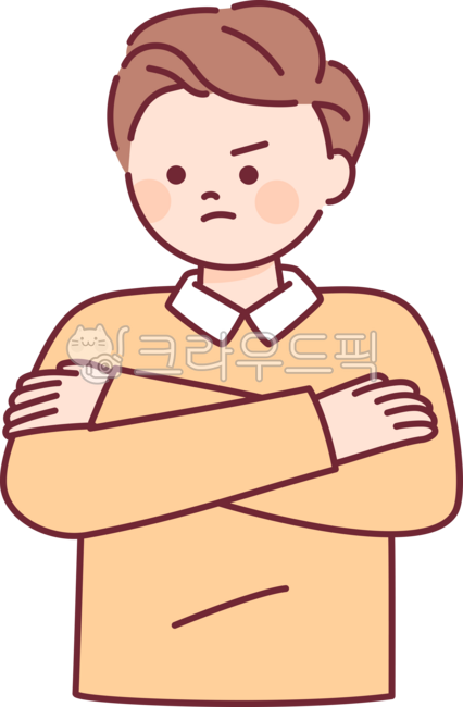 외곽선,귀여운,심플,단순한,일러스트레이션,표정,사람,상반신,동작,제스처,표현,팔짱,화난