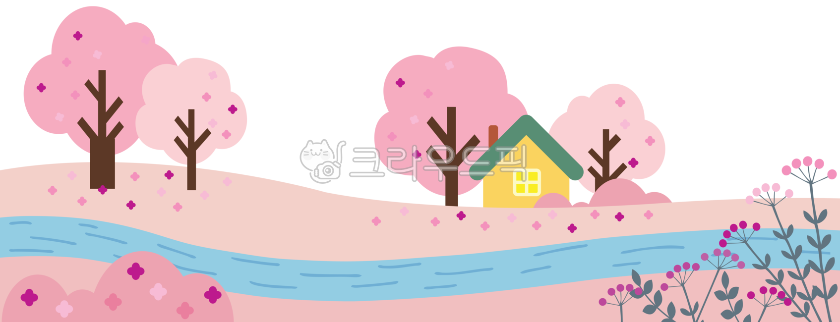 Cherry Blossom,spring illustration,Spring background,Day care Center,notice board,family communication,house,flower,cherry blossom tree,spring,small river,kindergarden,background,river water,cherry blossom background,background illustration