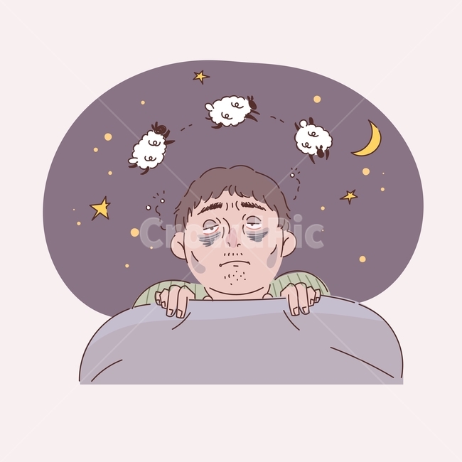 불면증,불면,수면,잠,숙면,양,남자,어른,사람,인물,일러스트,벡터,디자인소스,손그림,밤,새벽,이불,침대,졸음,졸림,졸린,졸리다,잠들다,달,별,하늘,밤하늘,정신건강,의료,보건,멘탈,정신,그래픽,일러스트레이션,graphic,illustration