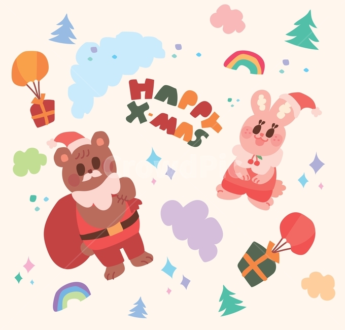 크리스마스,신년,xmas,happy,토끼,곰,곰돌이,캐릭터,손그림,벡터,일러스트,아이,어린이,귀여운,선물,선물상자,이벤트,산타,모자,산타모자,빨간,의상,코스튬,복장,나무,트리,반짝이,장식,디자인,구름,낙하산,무지개,kids,카드,스티커,겨울,계절,winter,season,메리크리스마스,성탄절,merry christmas,그래픽,일러스트레이션,graphic,illustration
