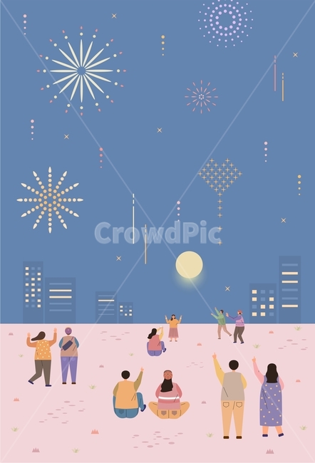 가을,불꽃,불꽃놀이,불꽃축제,축제,사람,캐릭터,여자,남자,커플,공원,풍경,계절,일러스트,그림,디자인
