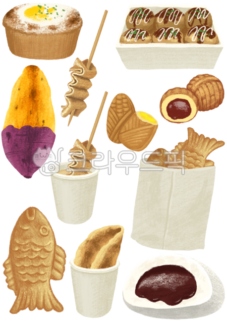 겨울간식,붕어빵,계란빵,어묵,군고구마,호빵,호떡,델리만쥬,호도과자,타코야끼,간식,포장마차,그림,일러스트