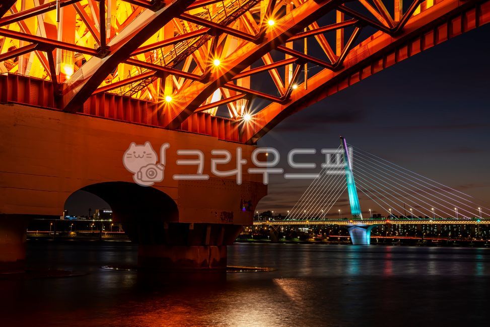 night view,Seongsan Bridge,night,scenery,lighting,building,Han River,river water,buildings,nightscape,bridge,lights,landscape,architecture