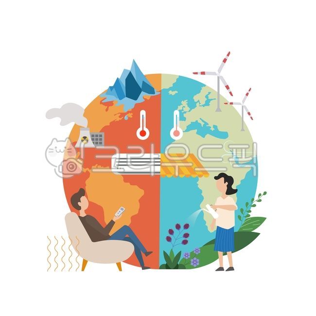 지구온난화,환경,자연보호,빙하,원자력,원자력발전,친환경에너지,친환경,에코,온실효과,에어컨,환경보호,기후변화,기상변화,북극빙하,기후재앙,지구,온도상승,해빙,식물,꽃,사람,남자,여자,일러스트,나무