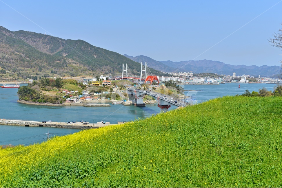 building,건물,경남,남해,창선,삼천포,창선대교,삼천포대교,유채밭,유채꽃,봄,봄꽃,계절,field,들,grassland,outdoors,옥외,nature,자연,meadow,목초지,arched,아치형,bridge,다리