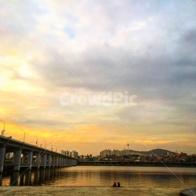 water,물,한강,노을,구름