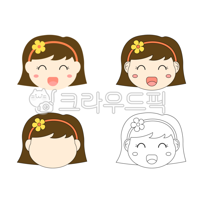 여아,여자아이,여자,여자얼굴,얼굴,사람,사람얼굴,여아얼굴,어린이,유아,여아캐릭터,아이,웃는표정,표정,단발머리,머리띠,꽃머리띠