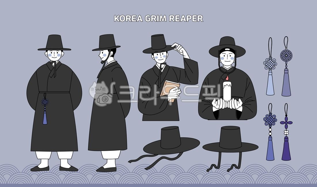 저승사자,한국,공포,여름,죽음,호러,초자연,미스테리,어둠,한국전통,한국문화,일러스트,한복,갓,두루마기,도포,문화,괴담,전통,전통의상,노리개,매듭,민속,장식,촛불,전통문양