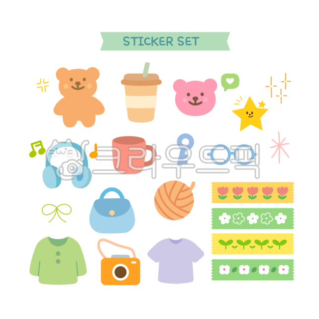 Sticker image,dack image,sticker set,diary decoration,diary,decoration,cute,props,items,illustrations,icons,flat,simple,cute,colorful,teddy bear,coffee,stars,mug,key,glasses,headphones,bag,ball of yarn,camera,ribbon,clothes,t-sh