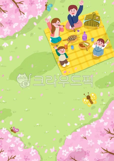 Hand drawing,cherry blossoms,trees,family,outing,picnic,spring,mat,lunch box,butterfly,flower,field,park,children,couple