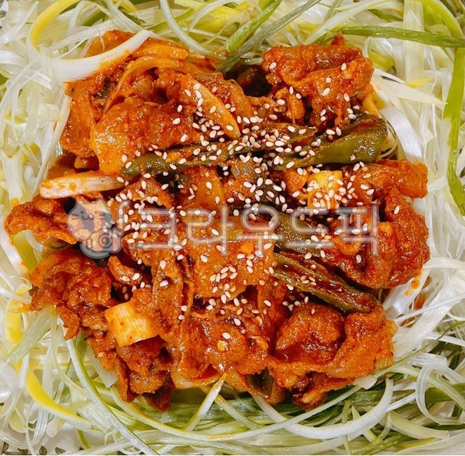 seasoning,Stirfried pork,Bulgogi,Gochujang seasoning,green onion,vegetable,pork,front leg meat,Gochujang Bulgogi,ingredients,cooking,Bulbaek,cook,Pig Bulbaek,food,meal,dish,meat,The fracture,Duruchigi,sesame,mukbang,Sesame