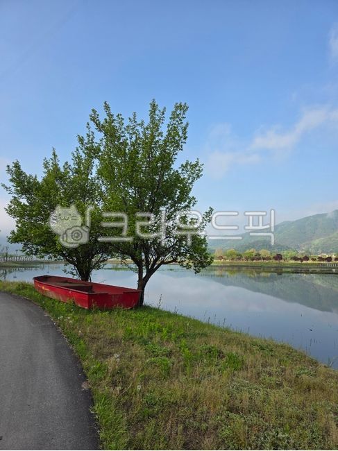 Countryside,boat,tree,pond,water,mountain,field,road,sky,blue,green