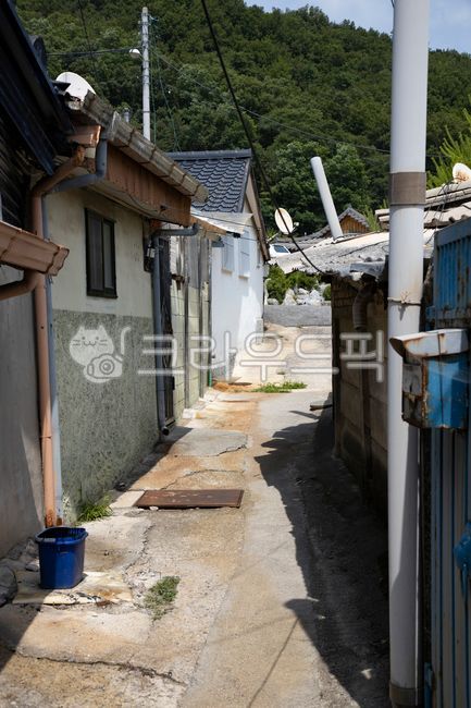 골목,골목길,담벼락,담장,화장실,문,대문,쪽문,창문,창살,빗물받이,굴뚝,전선,전봇대,전주,화분,포장된,스레트,좁은,시멘트벽,균열,햇빛,좁은길,마을,동네,빈티지,풍경,건물,지붕,골목길,alley