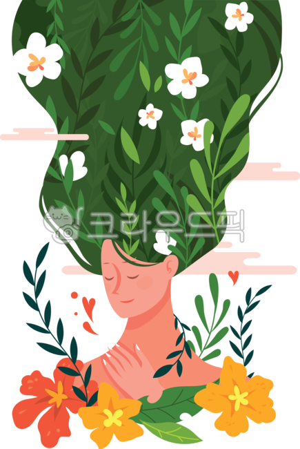 심리,감정,일러스트,정신건강,마음,캐릭터,인물,자존감,사람,여자,자연,식물,사랑,하트,포옹,허그,셀프,자아존중감,자기사랑,여성,머리카락,풀,꽃,봄,flower