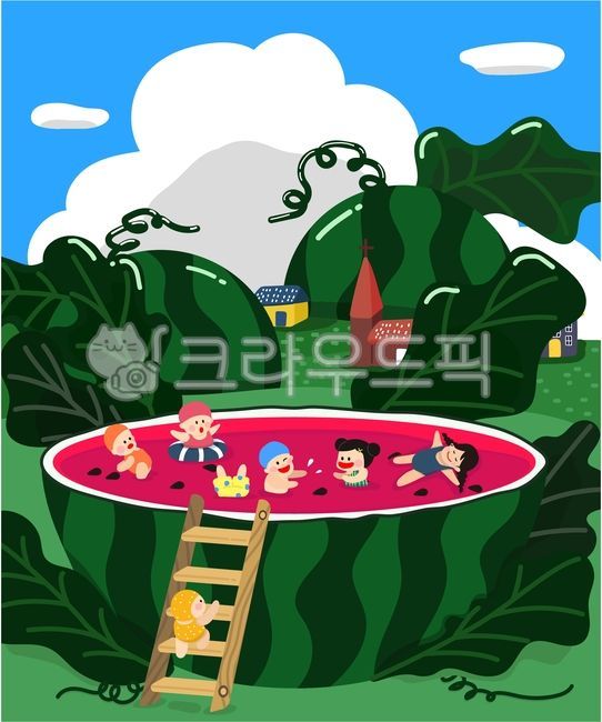 Watermelon pool,summer vacation,watermelon field,watermelon field illustration,summer vacation,water play character,summer illustration,children's character,summer water play,children's drawing,swimming pool,summer theme drawing,tube d