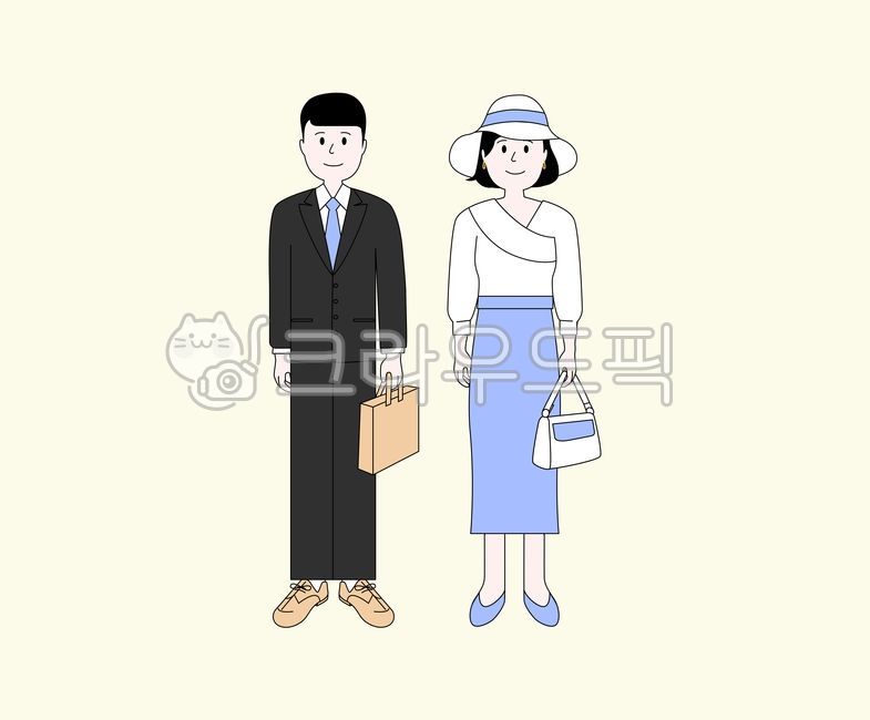 부부,커플,예식장,예식장가는커플,파티룩,모임,서류가방,핸드백,양복,넥타이,구두,롱치마,모자,man,woman,meeting,wedding,bag,drawing,illustration,vector,sketch