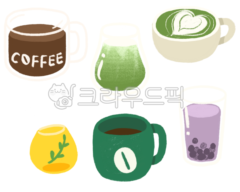 Hand-drawn,colored pencil drawing,cute,coffee,green tea latte,matcha latte,bubble tea,taro flavor,lemonade,mug,glass,coffee mug