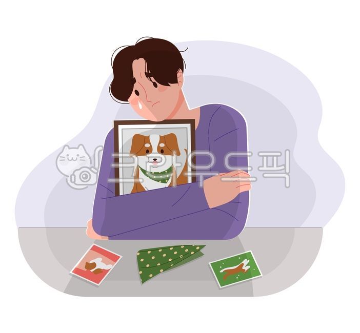 펫로스증후군,반려동물,죽음,일러스트,강아지,개,반려견,주인,사람,인물,캐릭터,그리워하는,그리운,추억,슬픈,눈물,사진,액자,껴안은,허그,안고있는,남자,남성,우울한,우울증,죽은,고통,이별,작별,벡터,컨셉,pet,펫,애완동물