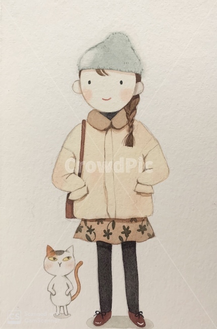 수채화,소녀,일러스트,반려동물,수작업
